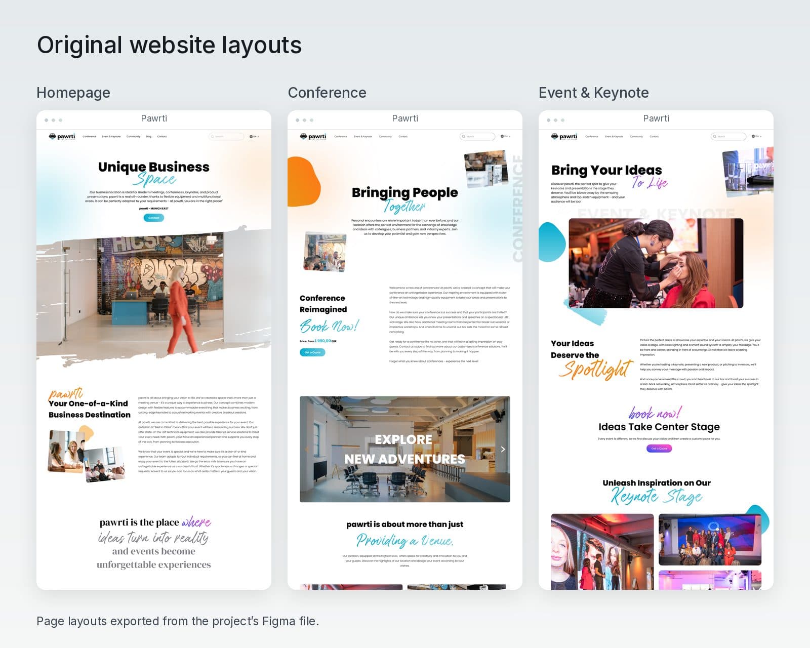 The original Pawrti homepage, Conference and Event and Keynote layouts shown side by side