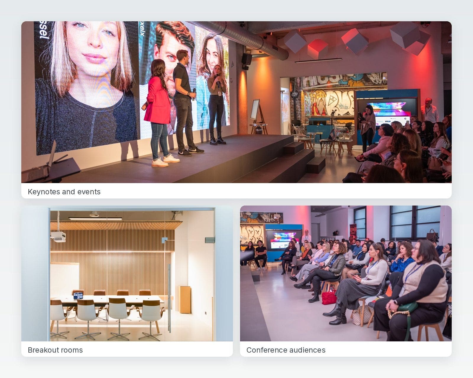Original Pawrti photographs showing an event presentation, a breakout meeting room and a conference audience
