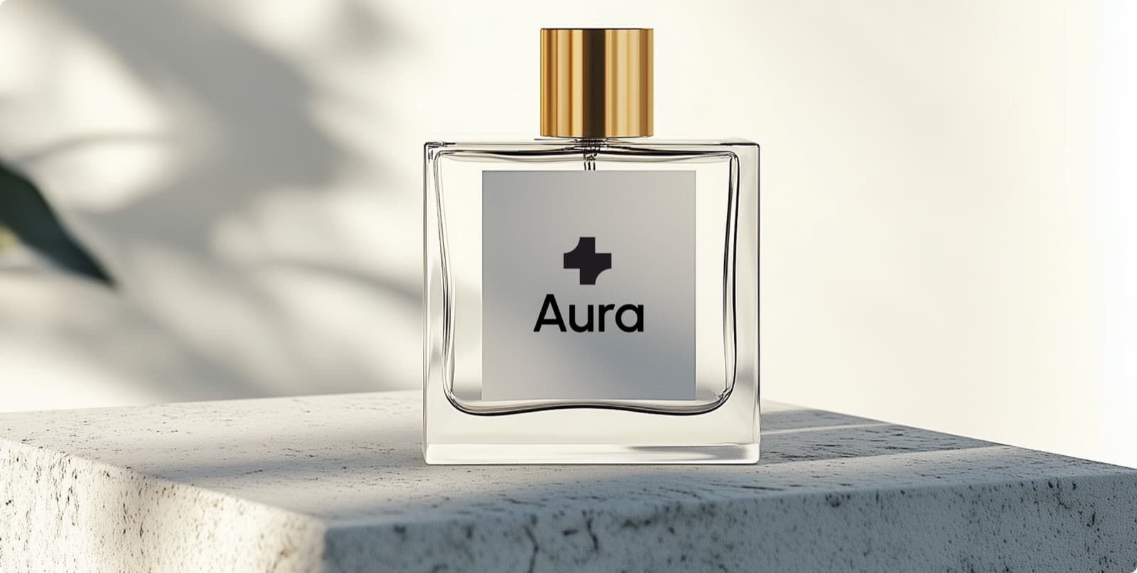 A glass perfume bottle with a gold cap, its label printed with the Aura mark and wordmark