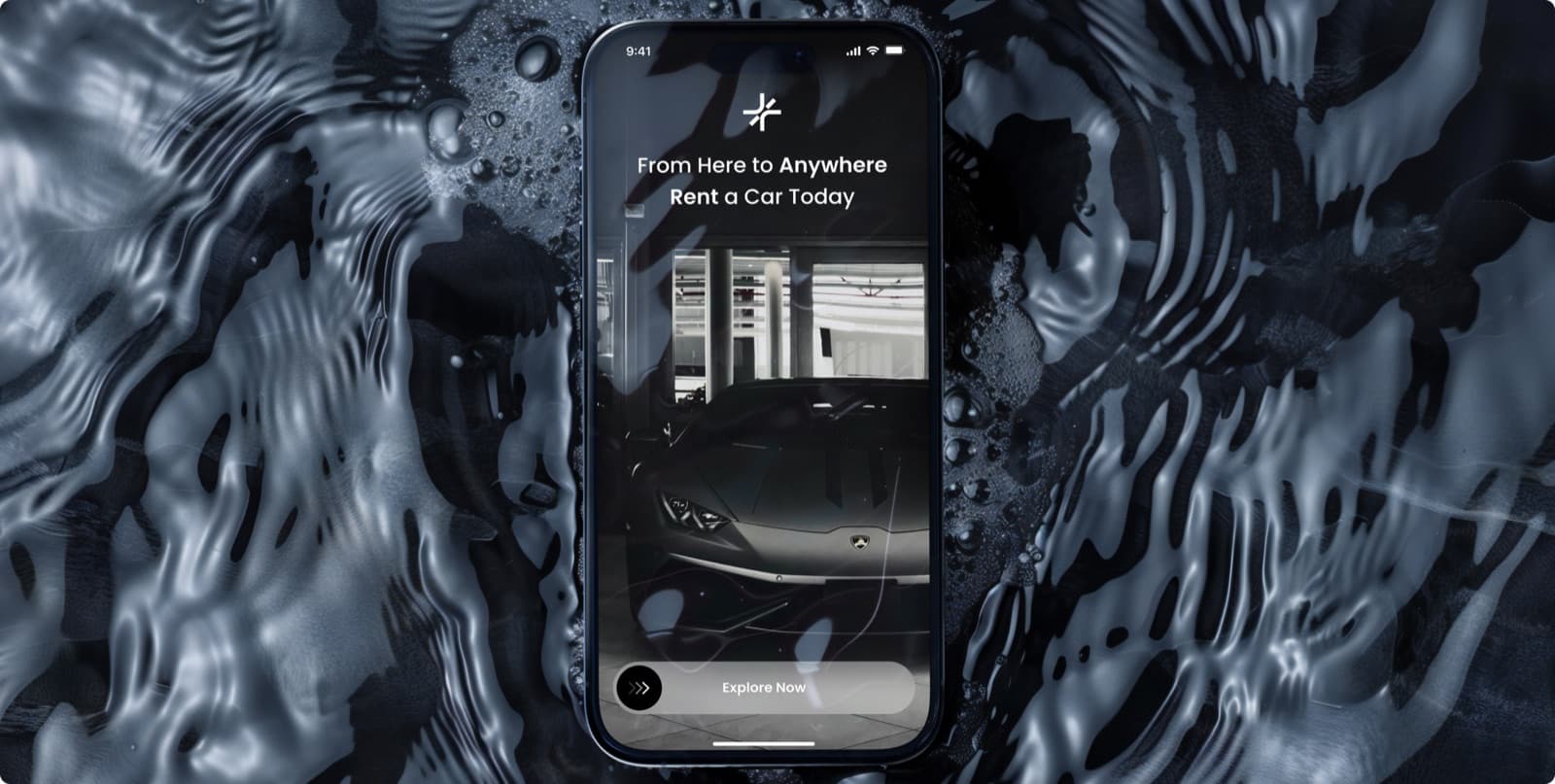 The Rentease welcome screen on a phone, with the headline From Here to Anywhere Rent a Car Today and an Explore Now button
