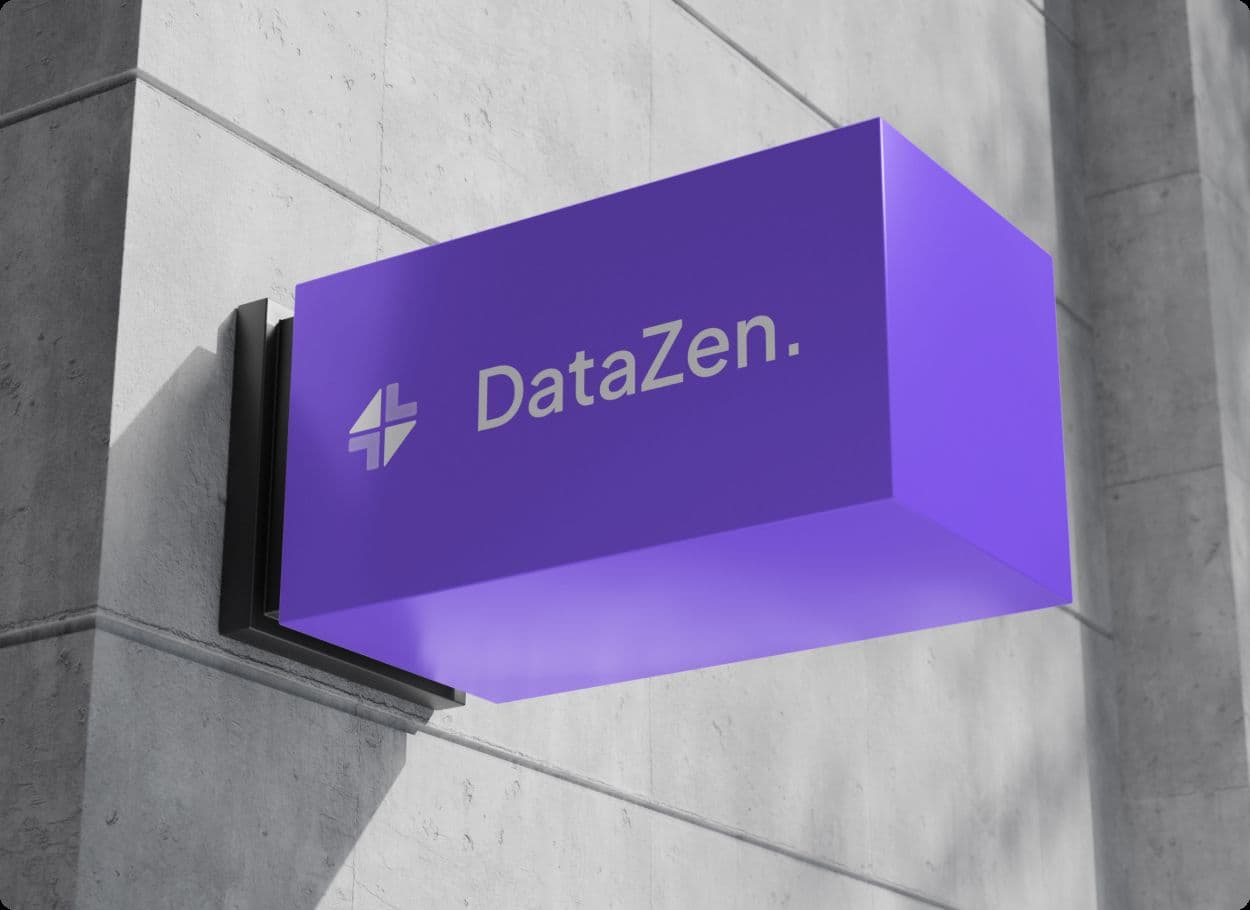 The DataZen wordmark on a purple sign fixed to a concrete wall