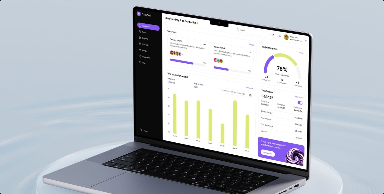 The DataZen project management dashboard on a laptop, with task lists, a bar chart and a progress dial