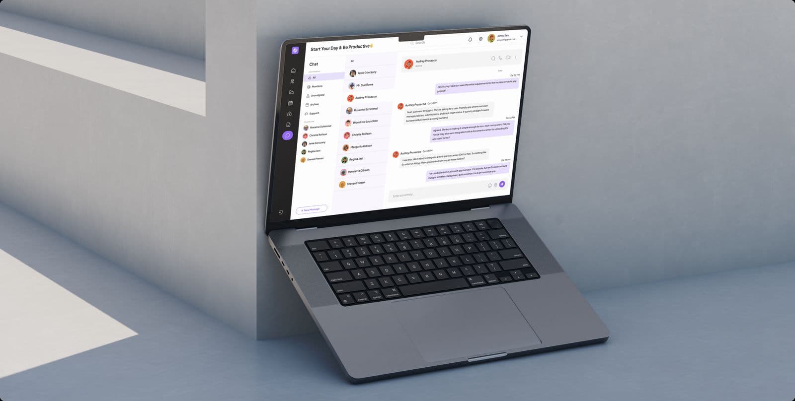 The DataZen dashboard on a laptop, showing a team conversation beside a task list