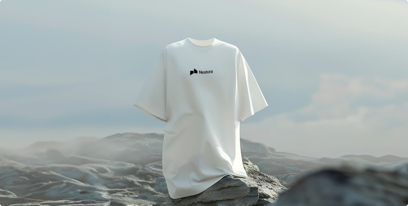 A white T-shirt with the Nestora mark and wordmark printed on the chest