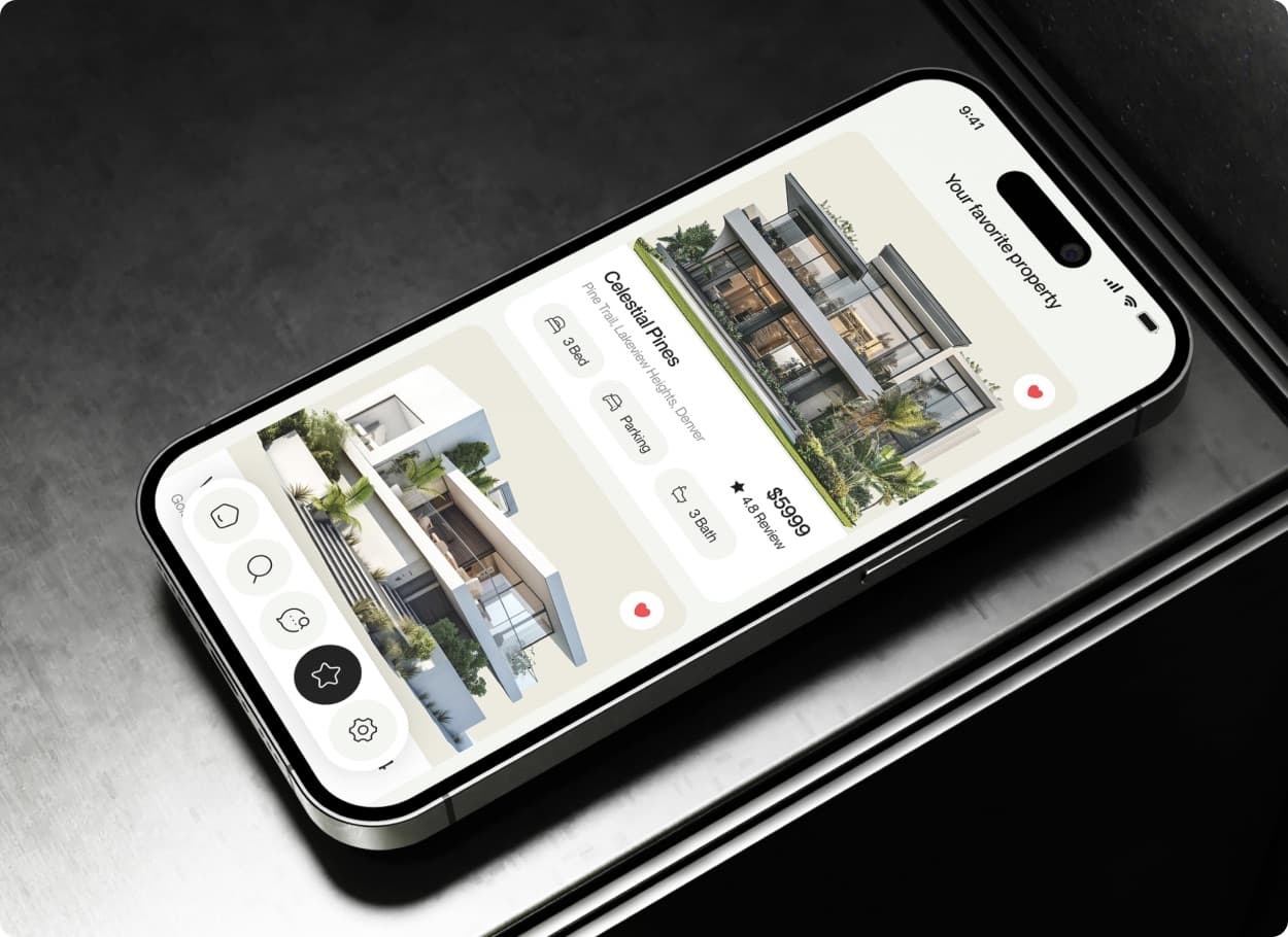 The Nestora app on a phone lying on a dark surface, showing the favourites list with a house called Celestial Pines