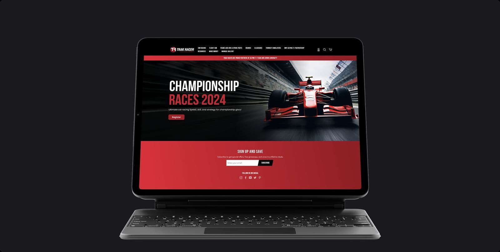 The Trak Racer store on a tablet with a keyboard, showing a racing car and the headline Championship Races 2024