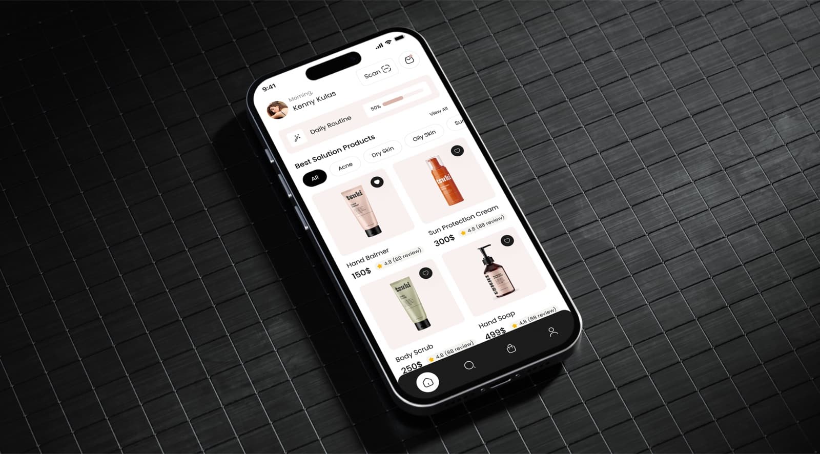 The Gleamglow app’s home screen on a phone, with a daily routine bar, skin concern filters and a grid of skincare products