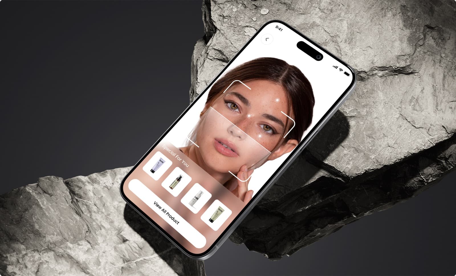 A phone showing the Gleamglow face scan screen: a woman’s face inside a scan frame, above a row of suggested products