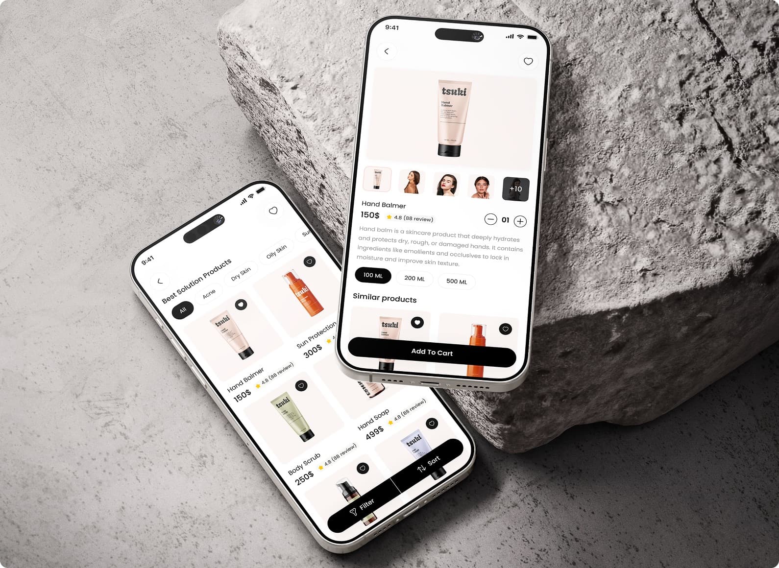 Two phones showing the Gleamglow app: a product list with filter and sort buttons, and a product page with size options and an Add To Cart button