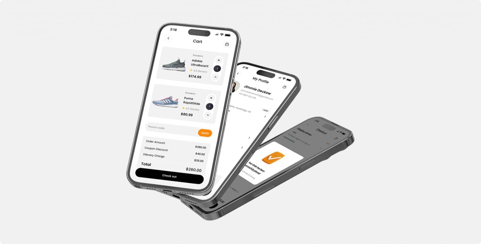 Three phones showing the Fusion appโs cart with an order total, the profile screen and an order confirmation