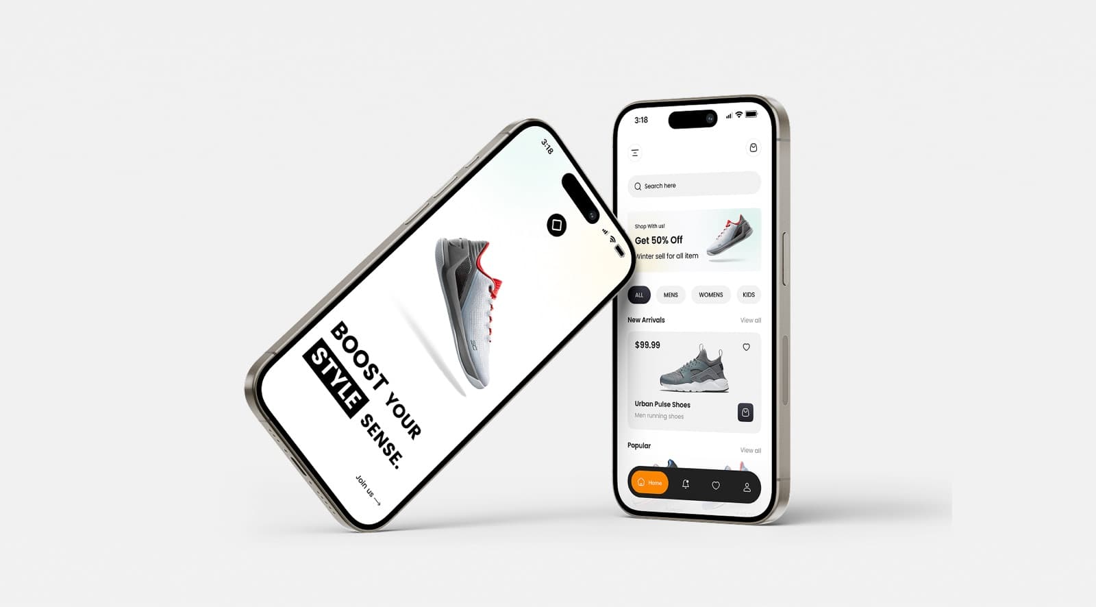 Two phones showing the Fusion app: an opening screen with the headline Boost Your Style Sense, and the home screen with an offer banner and new arrivals