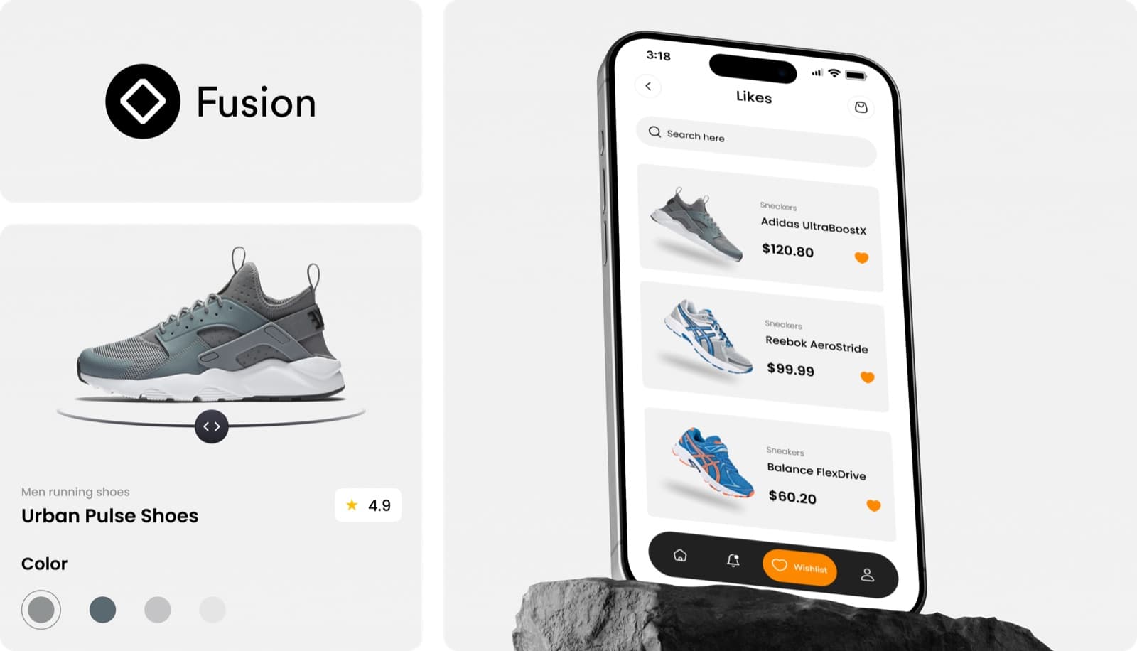 The Fusion mark, a product card for a running shoe with colour choices, and a phone showing the list of saved shoes