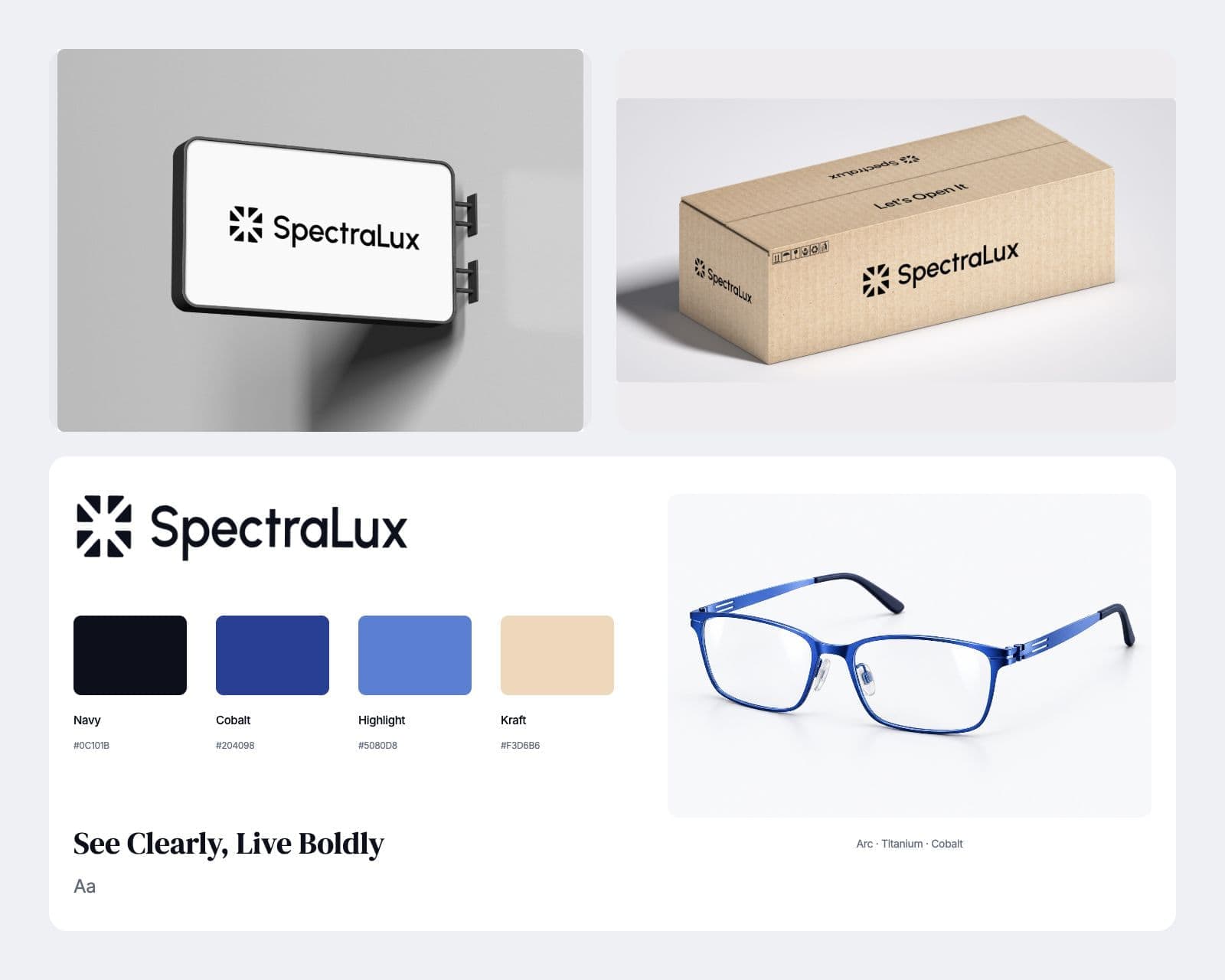 The SpectraLux brand board with the burst mark and wordmark, the white light box sign, the kraft shipping box reading Let’s Open It and the palette