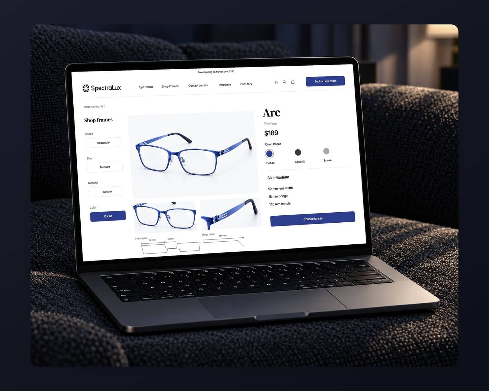 The SpectraLux frames shop with the Arc titanium frame in cobalt at $189, its 52, 18 and 140 mm measurements and filters for shape, size and color