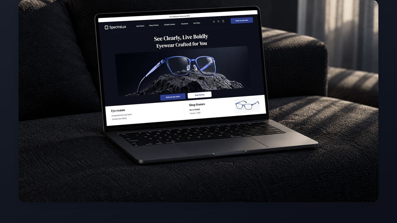 The SpectraLux website on a laptop with the headline See Clearly, Live Boldly over a blue frame on dark stone, with Eye Exams and Shop Frames in the menu and a Book an eye exam button