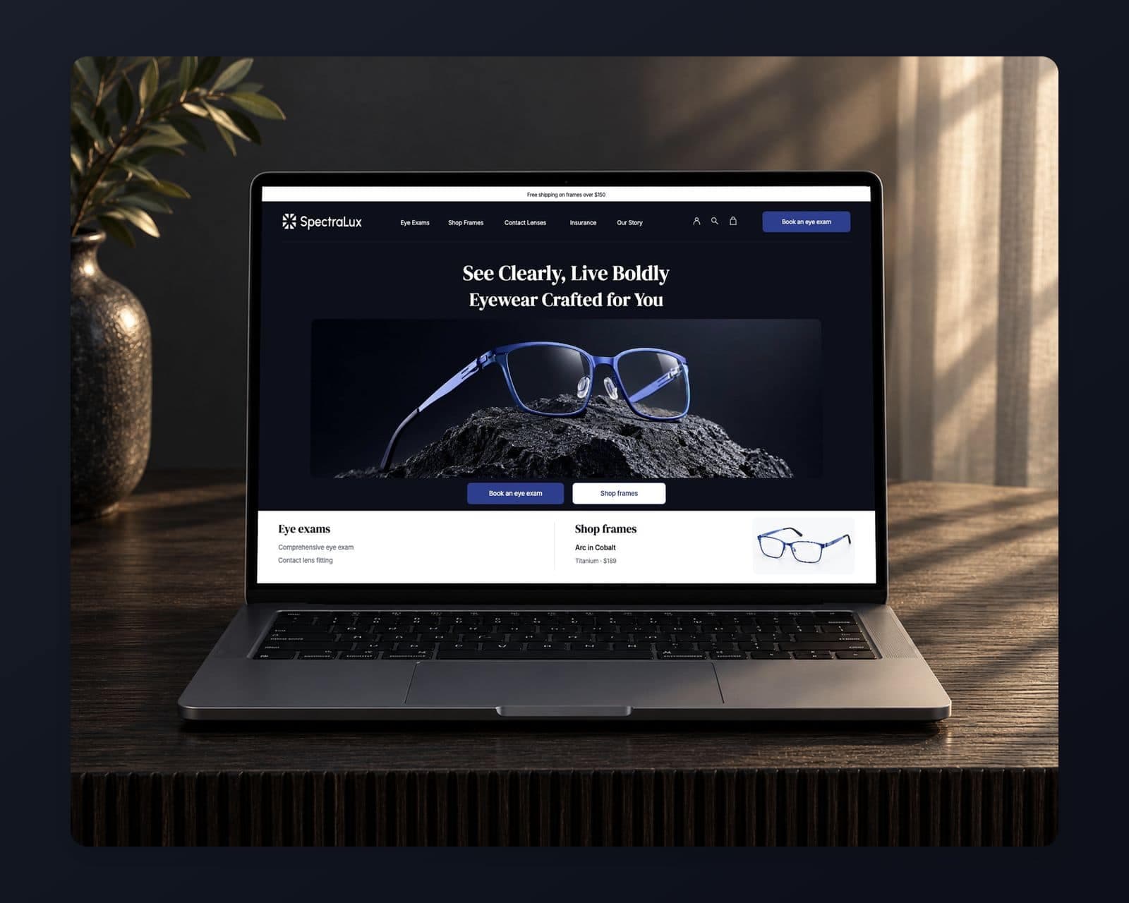 The SpectraLux homepage on a laptop seen from the front, with the menu, the serif headline See Clearly, Live Boldly and a pair of blue glasses on stone