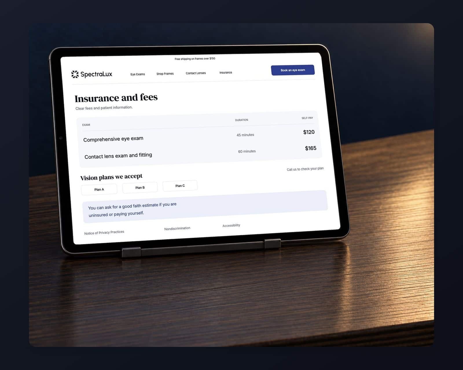 The SpectraLux insurance and fees page with exam fees for self-pay patients, accepted vision plans, a good faith estimate note and the privacy notice link