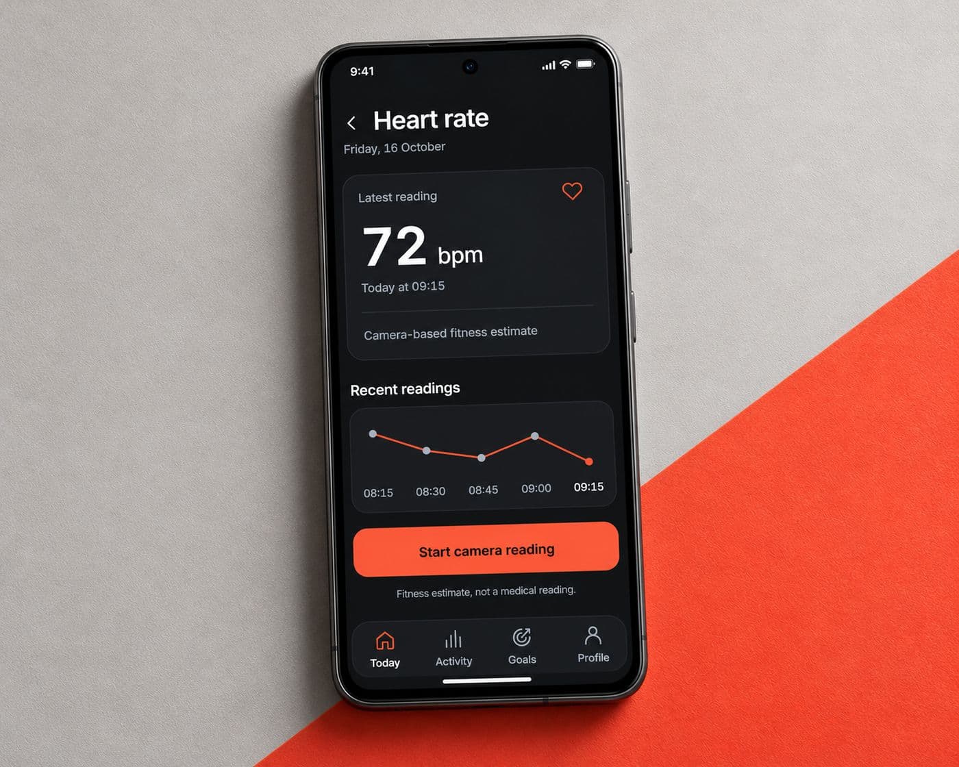 Reimagined camera-based heart rate screen with a fitness estimate, recent readings and a start-reading button