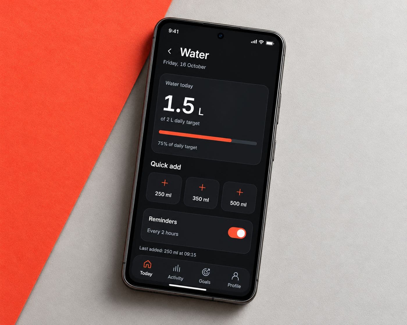 Reimagined hydration screen with daily intake progress, equal quick-add controls and a water reminder toggle