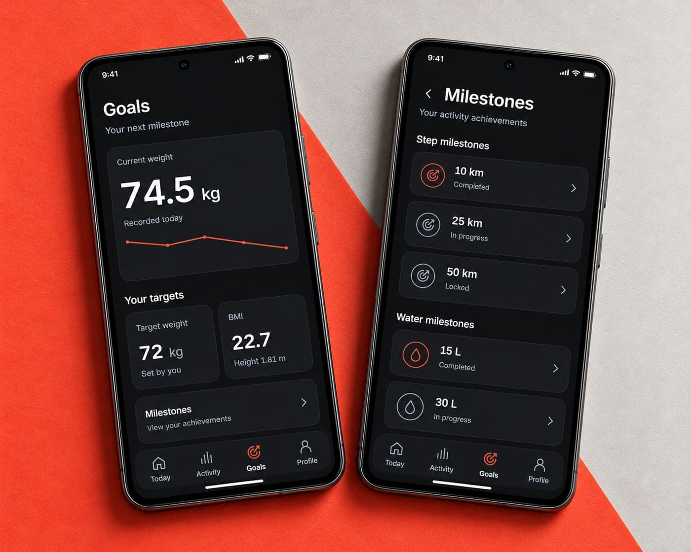 Reimagined weight goal and milestone screens showing a user-set target, BMI and step and hydration achievements