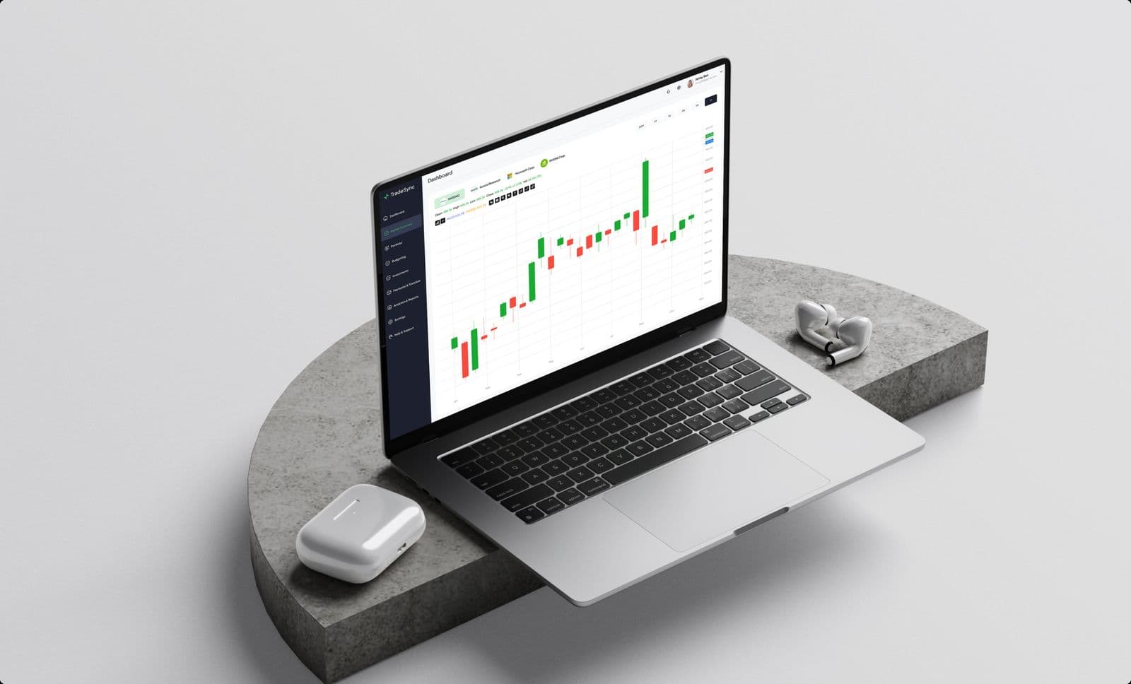 The TradeSync platform on a laptop, showing a candlestick chart