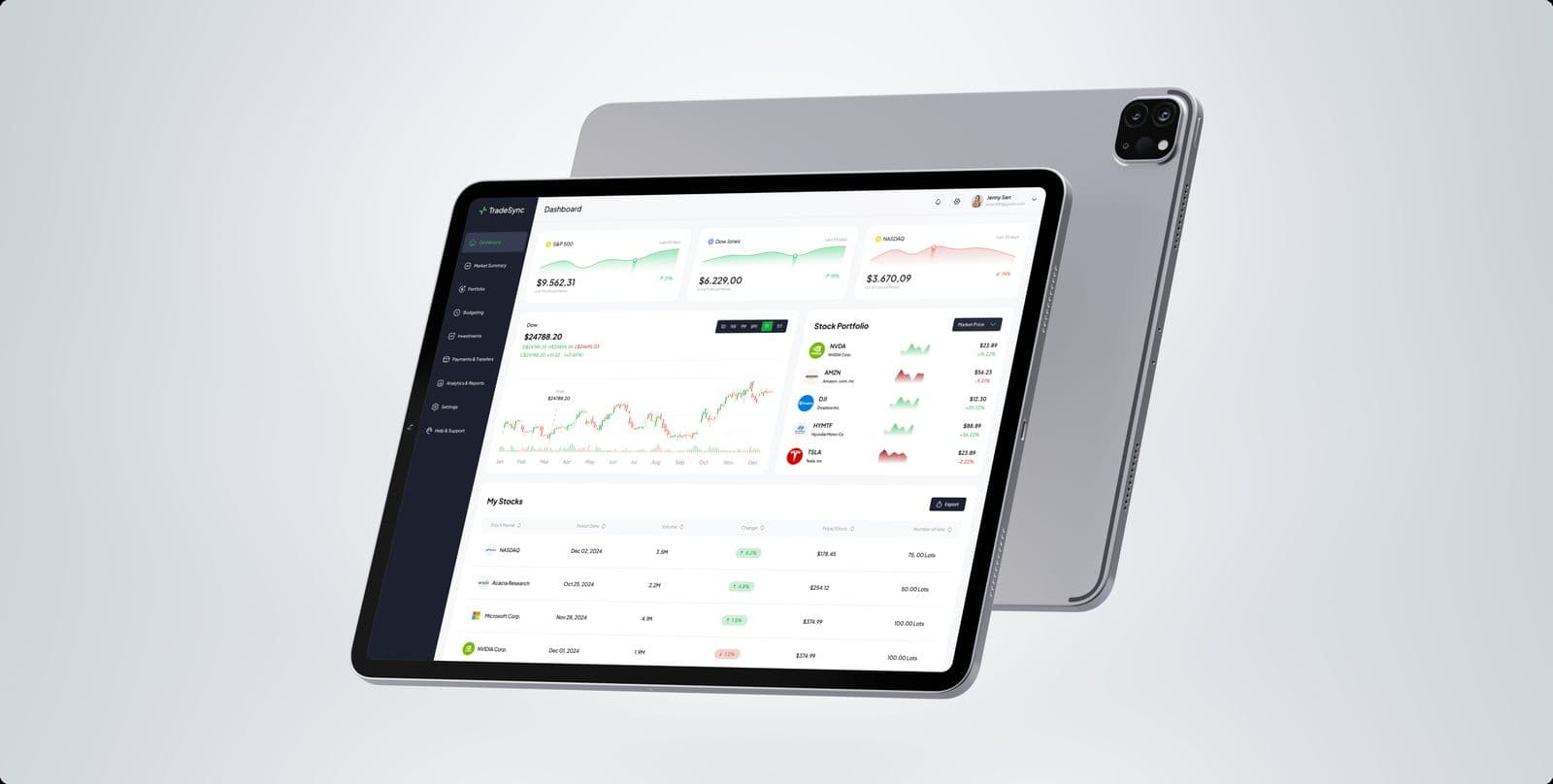 The TradeSync trading dashboard on a tablet, with price charts and a list of holdings