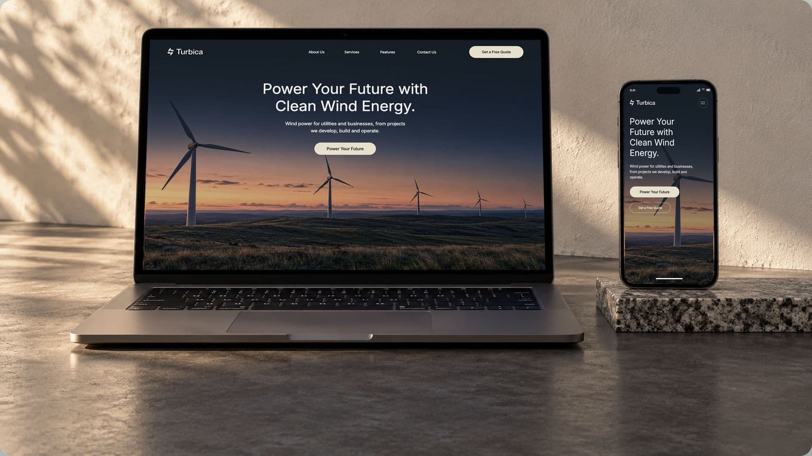 The Turbica homepage on a laptop and a phone with Power Your Future with Clean Wind Energy over wind turbines at sunset and a cream Get a Free Quote button