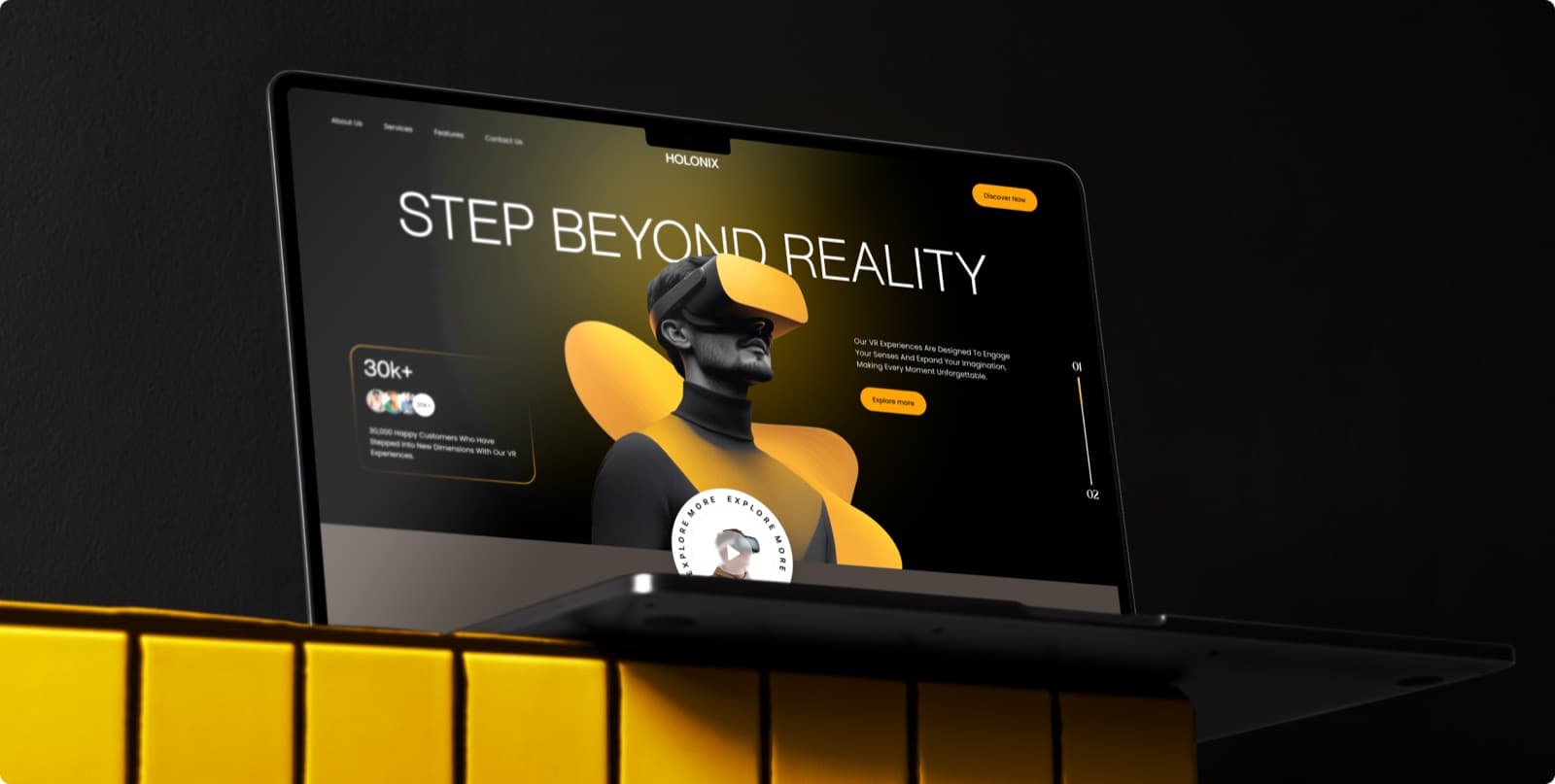 The Holonix website on a laptop, with the headline Step Beyond Reality above a figure wearing a yellow VR headset