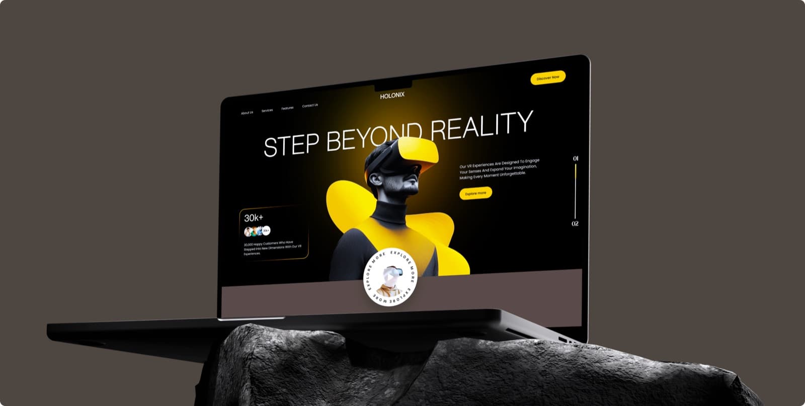 The Holonix homepage on a dark laptop standing on a black rock, with the headline Step Beyond Reality