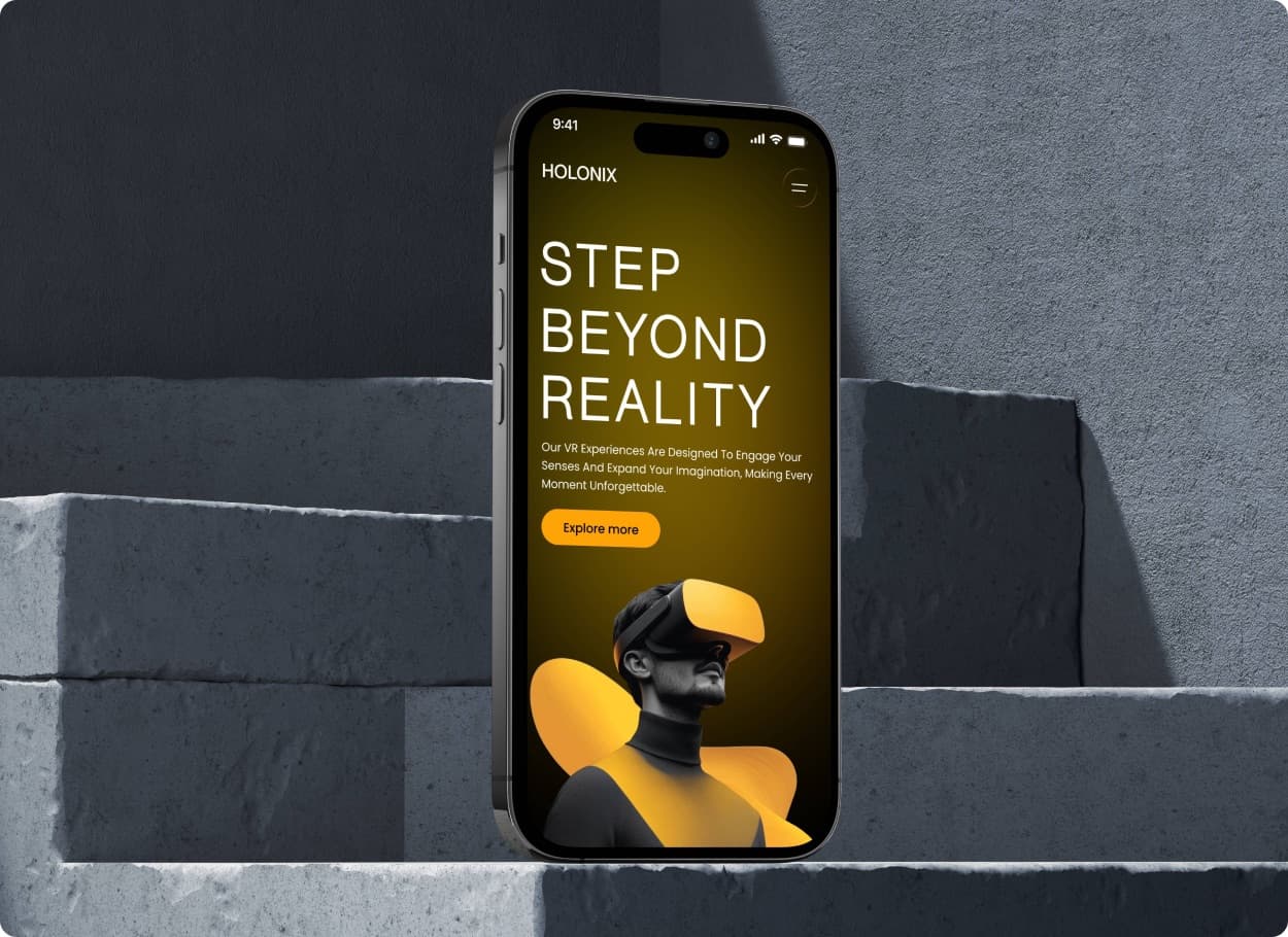 The Holonix homepage on a phone standing on concrete steps, with the headline Step Beyond Reality and a yellow Explore more button