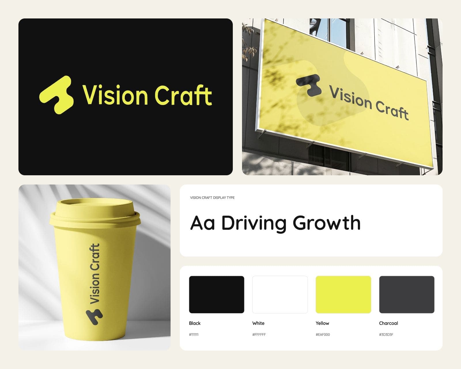 The Vision Craft brand board with the stepped mark, the wordmark on the yellow building sign and the paper cup, the black, white and yellow palette and the rounded sans-serif type