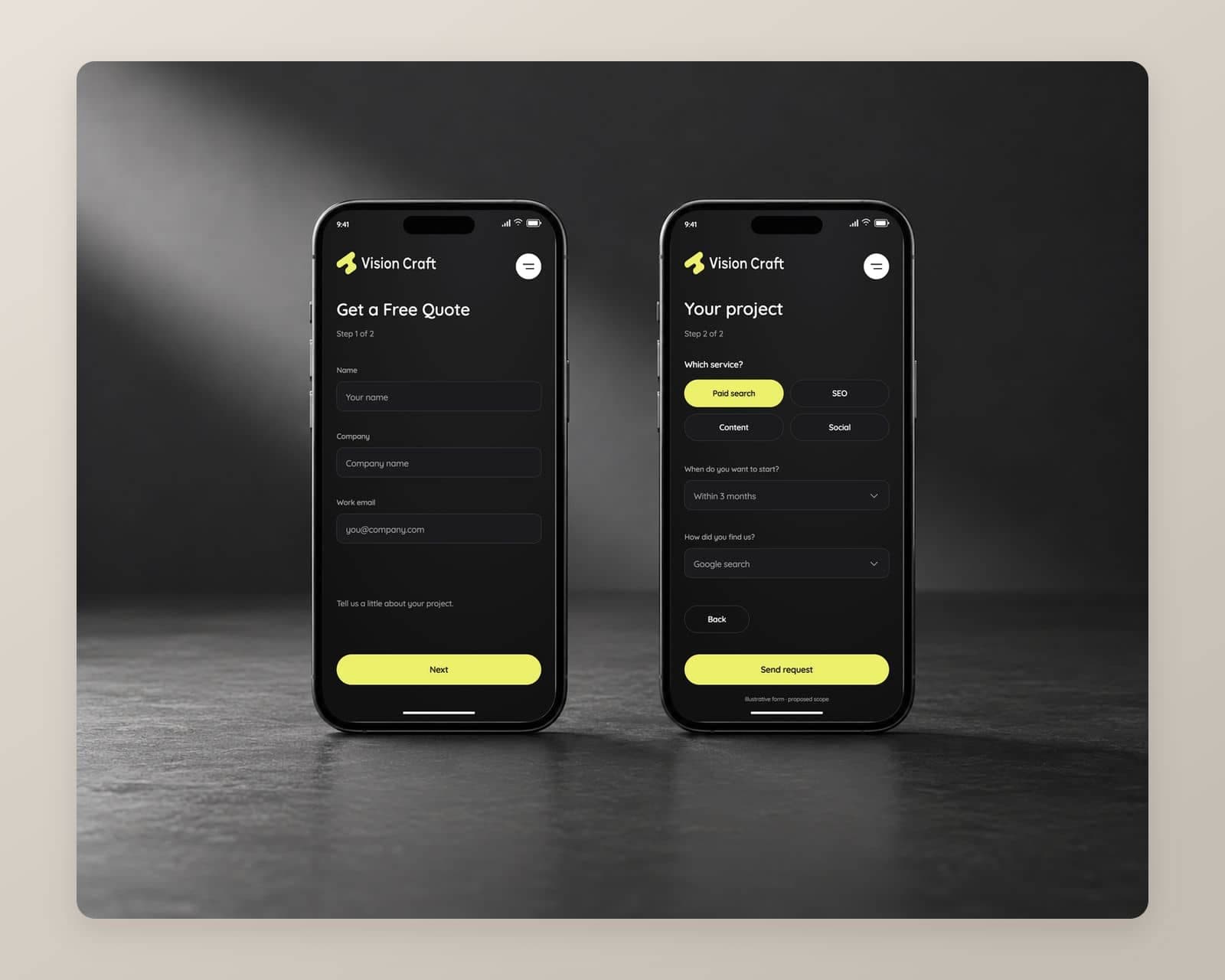 The Vision Craft two-step quote request on two phones: name, company and email, then service, timeline and How did you find us, with a yellow Send request button
