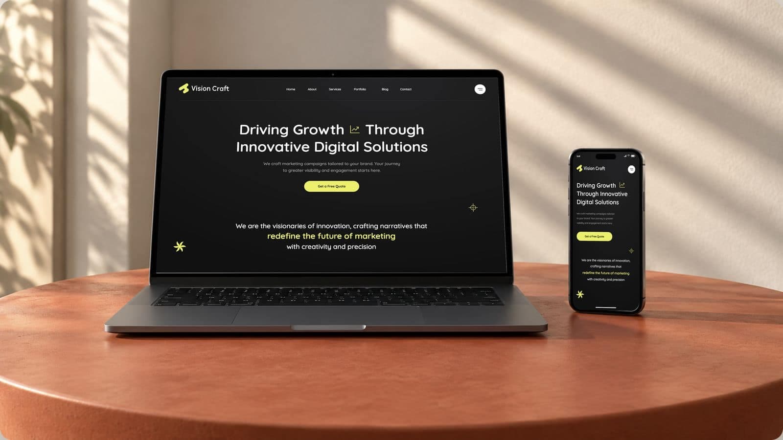 The Vision Craft website on a laptop and a phone, with the headline Driving Growth Through Innovative Digital Solutions and a yellow Get a Free Quote button on black