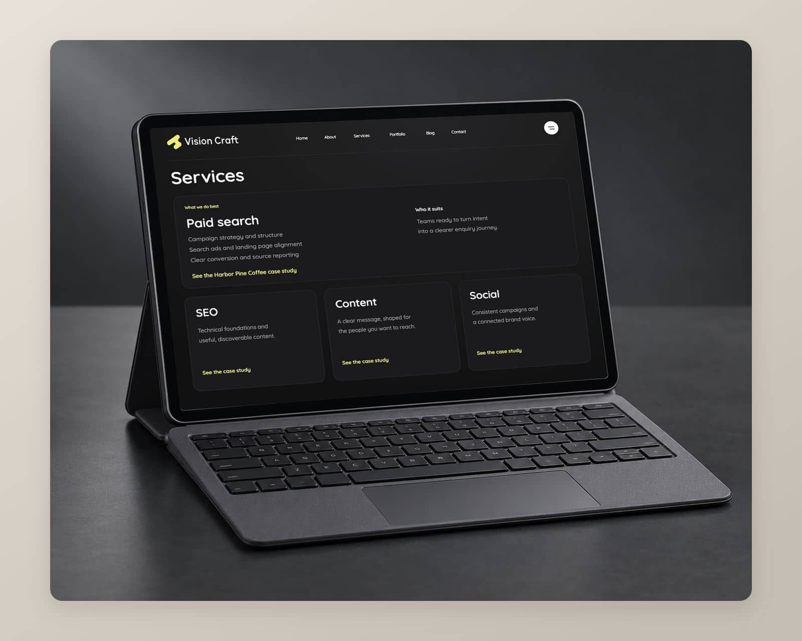 The Vision Craft services page with Paid search as the lead service and cards for SEO, content and social, each linking to a matching case study