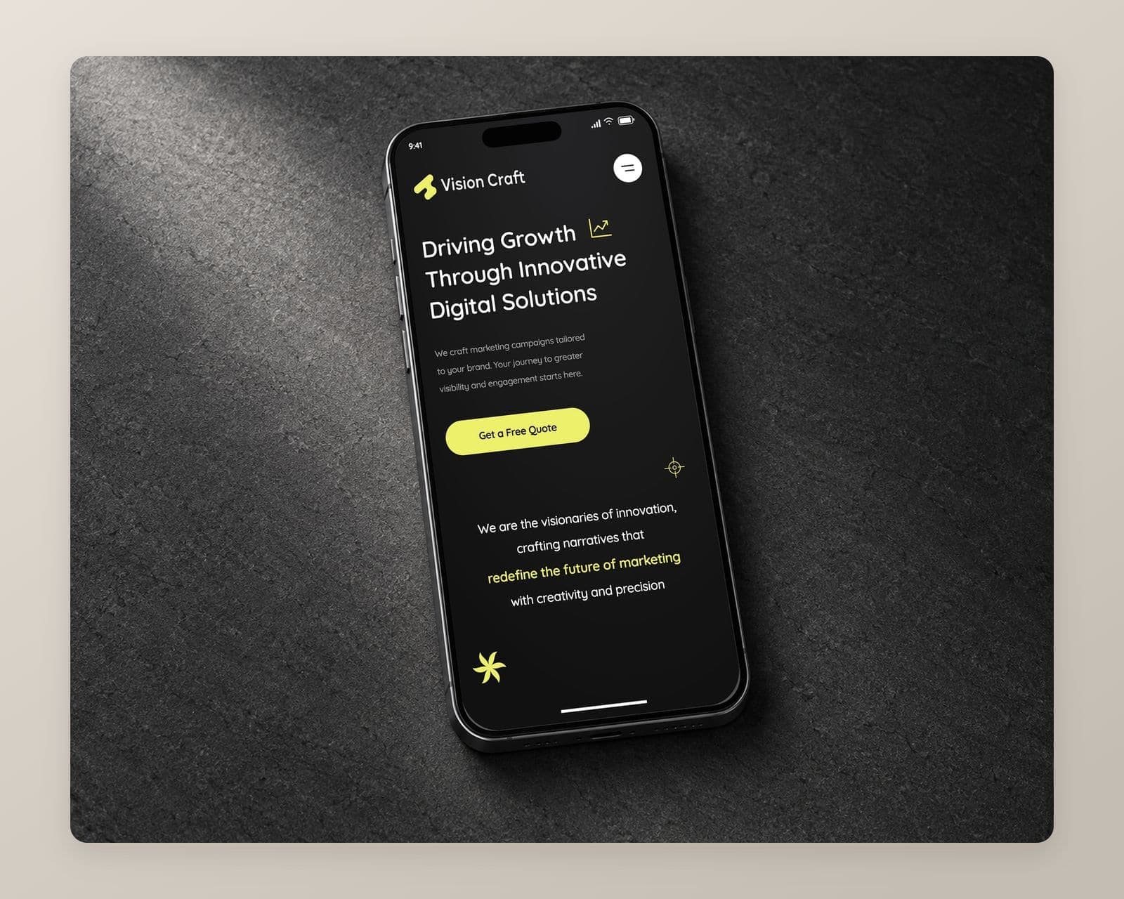 The Vision Craft homepage on a phone with the headline, a yellow Get a Free Quote button and the statement with redefine the future of marketing picked out in yellow