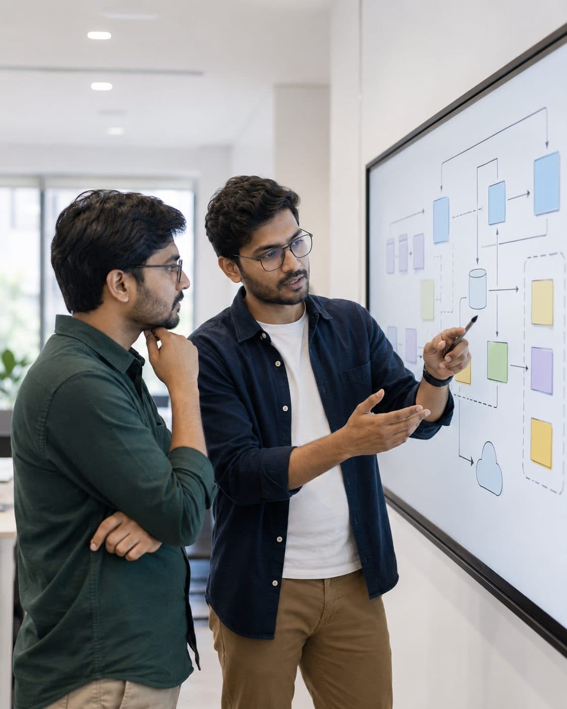 Two engineers mapping an existing system on a wall screen before planning its rebuild