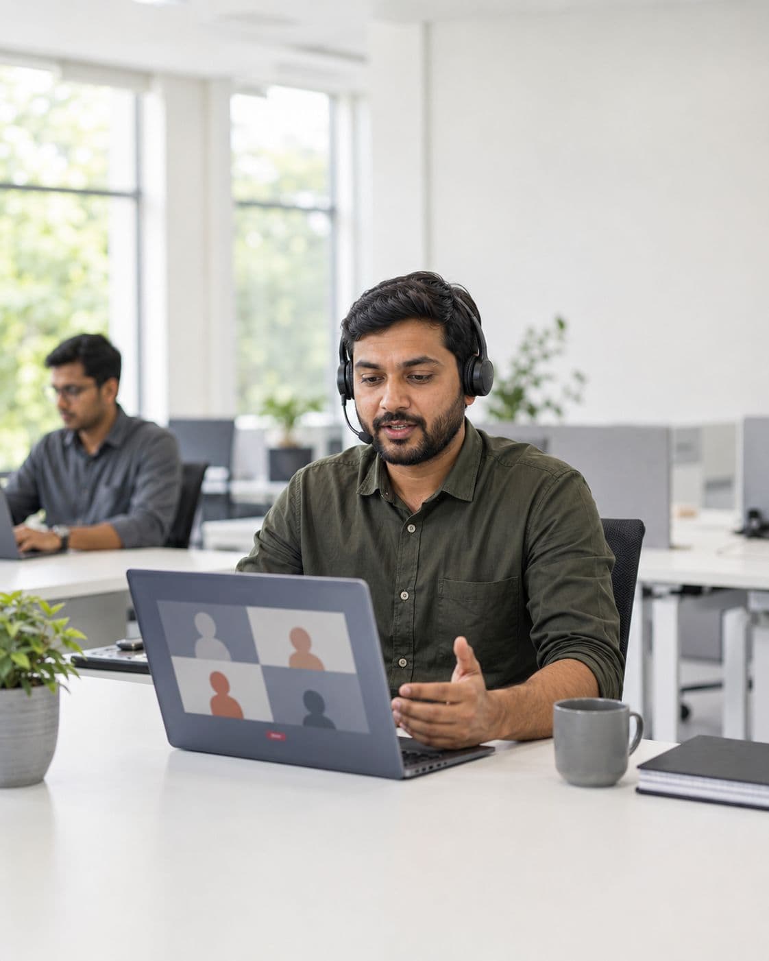 An engineer joining a client standup by video call from their desk