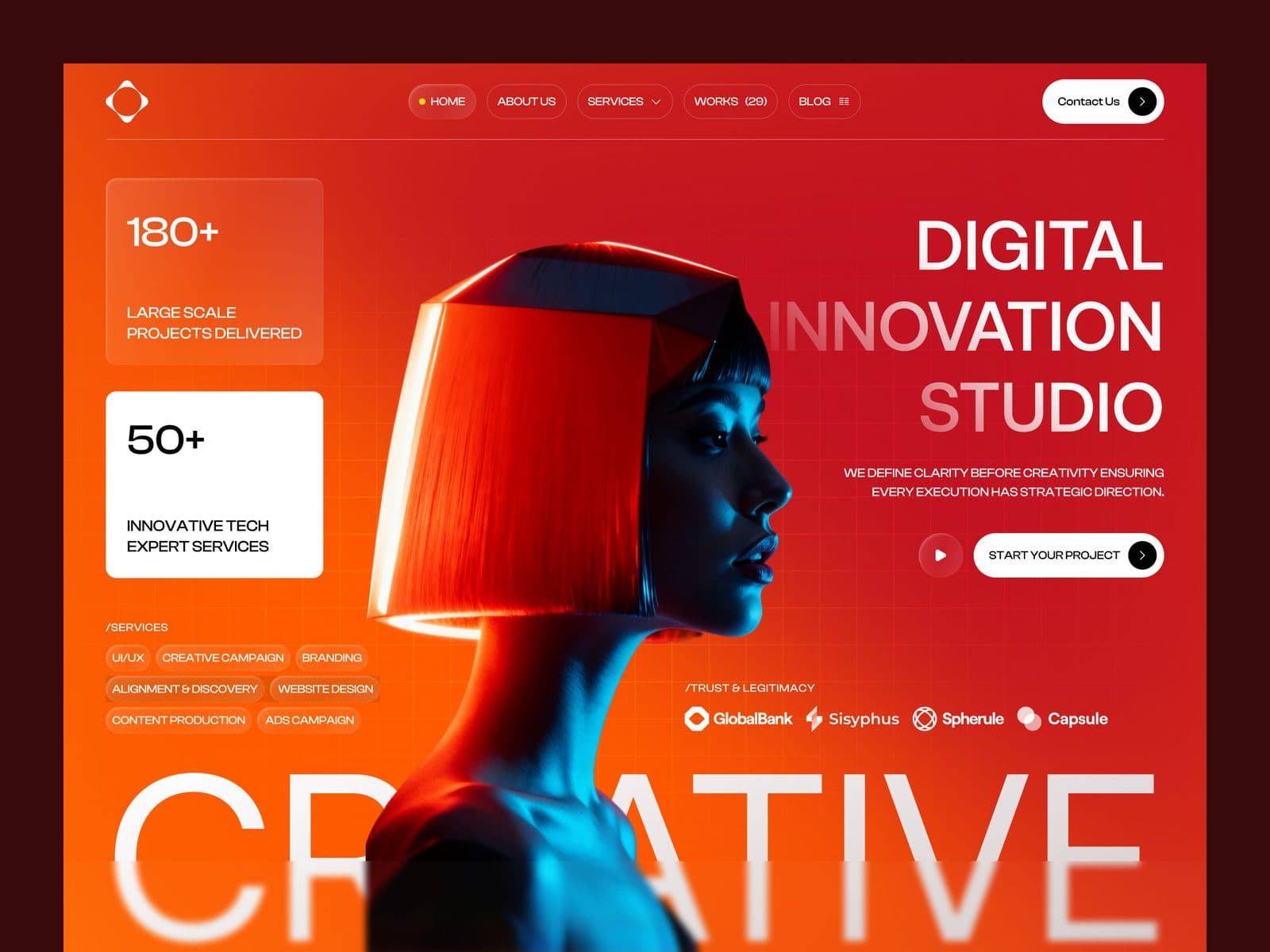 A creative agency website designed by Redlio Labs