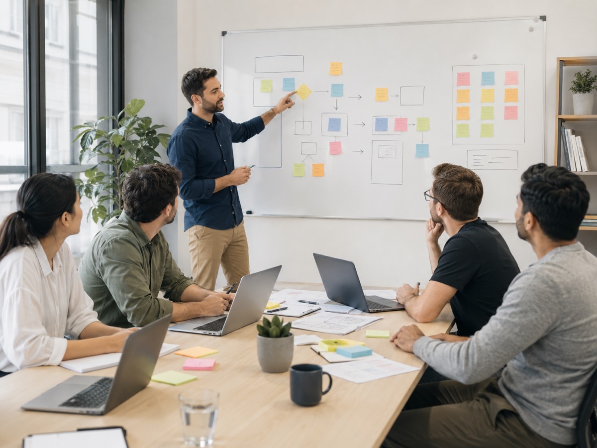 MVP development team walking through a user-flow diagram in sprint planning